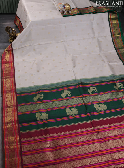 Pure kanchipuram silk saree beige and green maroon with zari woven buttas and ganga jamuna border