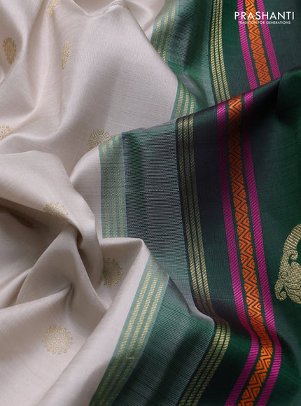 Pure kanchipuram silk saree beige and green maroon with zari woven buttas and ganga jamuna border
