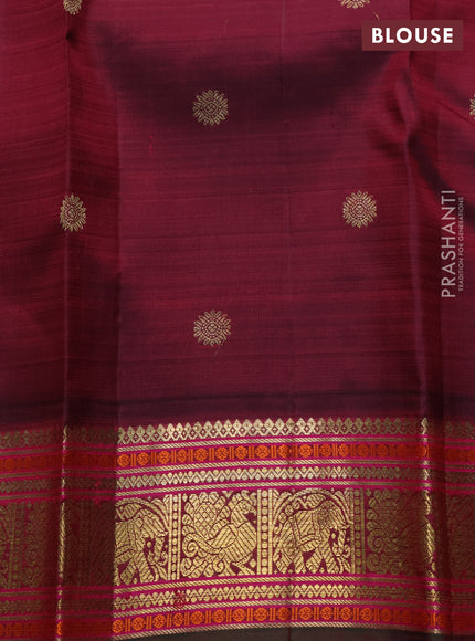 Pure kanchipuram silk saree beige and green maroon with zari woven buttas and ganga jamuna border