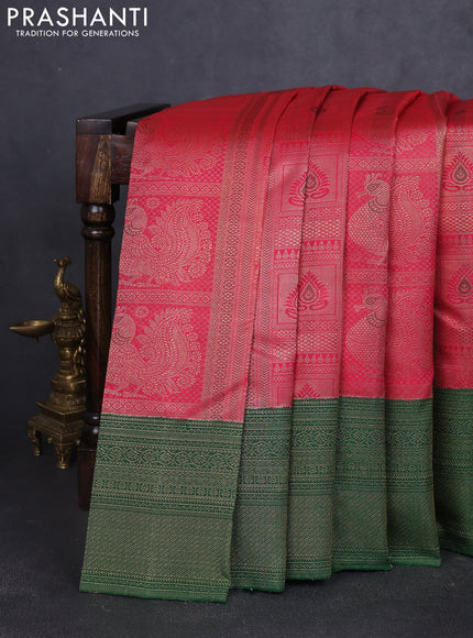 Pure kanchipuram silk saree pink and green with allover zari woven annam brocade weaves and rich banarasi style border