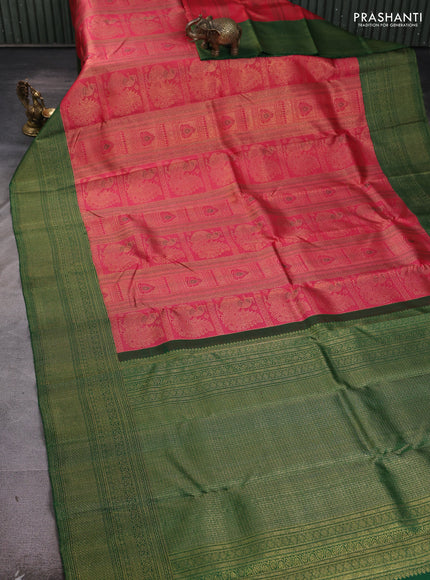 Pure kanchipuram silk saree pink and green with allover zari woven annam brocade weaves and rich banarasi style border