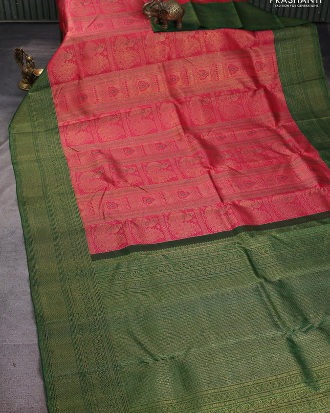 Pure kanchipuram silk saree pink and green with allover zari woven annam brocade weaves and rich banarasi style border
