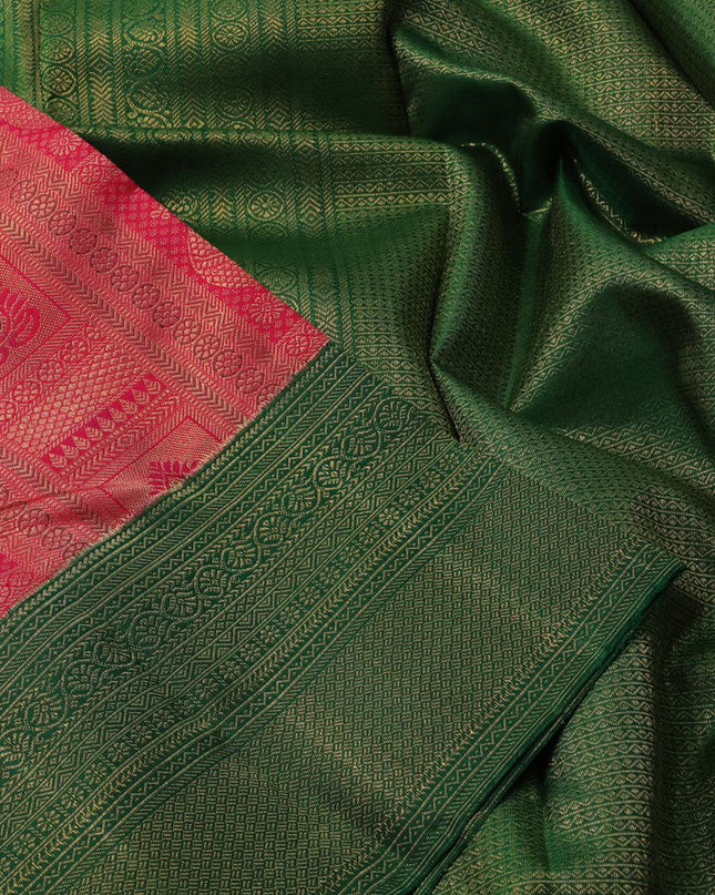 Pure kanchipuram silk saree pink and green with allover zari woven annam brocade weaves and rich banarasi style border