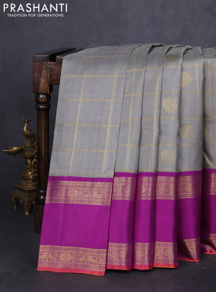 Pure kanchipuram silk saree grey and purple with allover zari checks & buttas and long rettapet zari woven korvai border