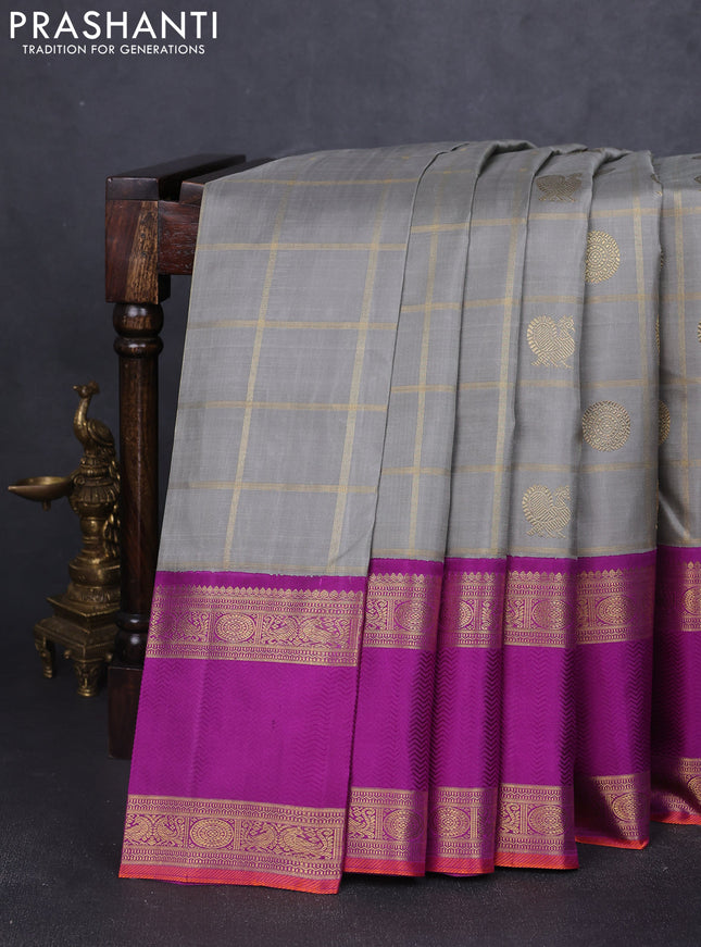 Pure kanchipuram silk saree grey and purple with allover zari checks & buttas and long rettapet zari woven korvai border