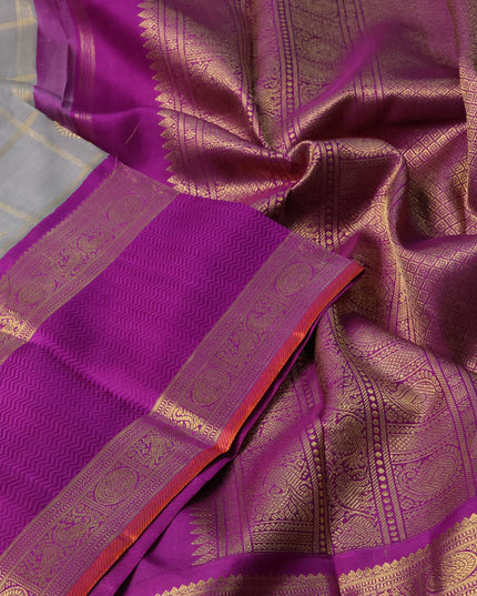 Pure kanchipuram silk saree grey and purple with allover zari checks & buttas and long rettapet zari woven korvai border