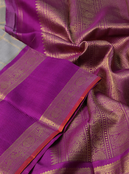 Pure kanchipuram silk saree grey and purple with allover zari checks & buttas and long rettapet zari woven korvai border