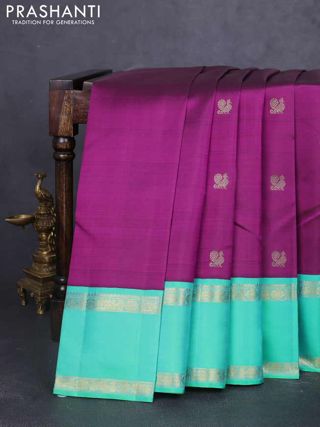 Pure kanchipuram silk saree purple and teal green with rudhraksha & annam zari woven buttas and rettapet zari woven korvai border