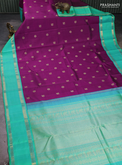 Pure kanchipuram silk saree purple and teal green with rudhraksha & annam zari woven buttas and rettapet zari woven korvai border