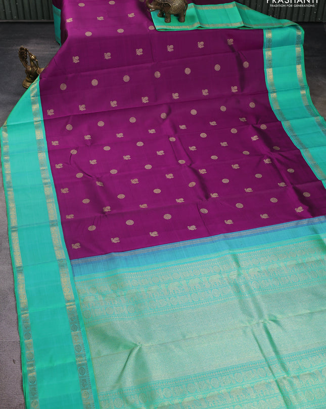 Pure kanchipuram silk saree purple and teal green with rudhraksha & annam zari woven buttas and rettapet zari woven korvai border