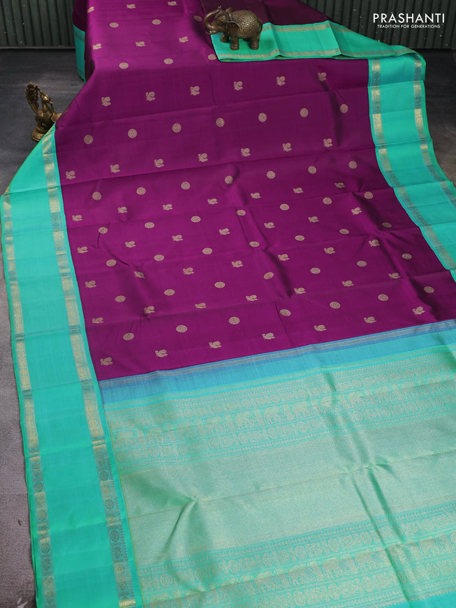 Pure kanchipuram silk saree purple and teal green with rudhraksha & annam zari woven buttas and rettapet zari woven korvai border