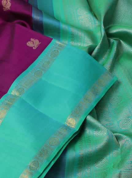 Pure kanchipuram silk saree purple and teal green with rudhraksha & annam zari woven buttas and rettapet zari woven korvai border