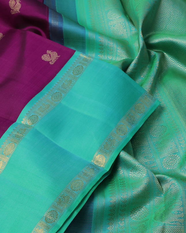 Pure kanchipuram silk saree purple and teal green with rudhraksha & annam zari woven buttas and rettapet zari woven korvai border
