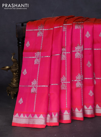 Venkatagiri silk saree dual shade of pinkish orange with allover silver zari checks & buttas and silver zari woven border