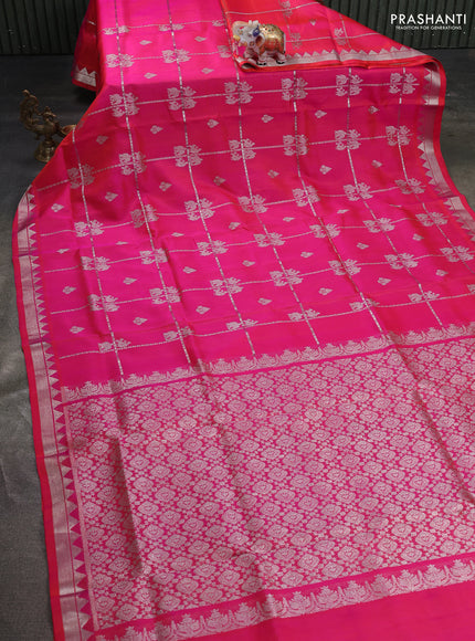 Venkatagiri silk saree dual shade of pinkish orange with allover silver zari checks & buttas and silver zari woven border