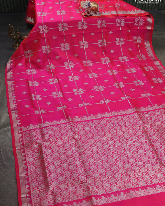 Venkatagiri silk saree dual shade of pinkish orange with allover silver zari checks & buttas and silver zari woven border
