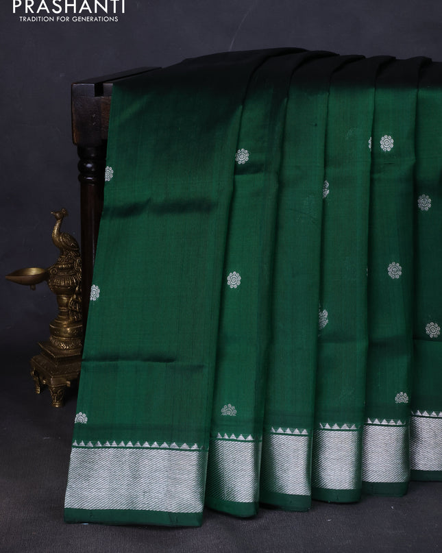 Venkatagiri silk saree bottle green with silver zari woven floral buttas and silver zari woven border