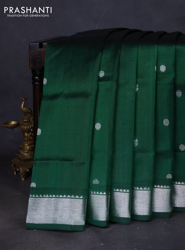Venkatagiri silk saree bottle green with silver zari woven floral buttas and silver zari woven border