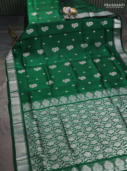 Venkatagiri silk saree bottle green with silver zari woven floral buttas and silver zari woven border