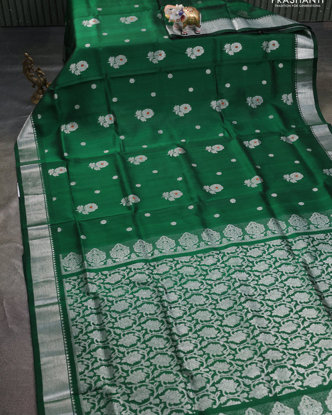 Venkatagiri silk saree bottle green with silver zari woven floral buttas and silver zari woven border