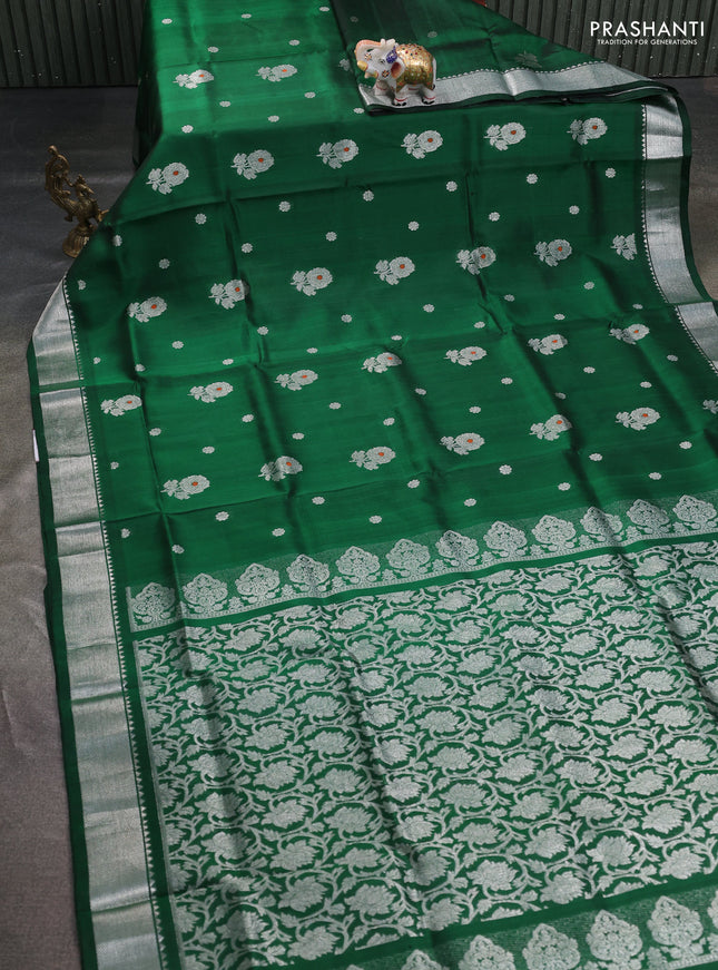 Venkatagiri silk saree bottle green with silver zari woven floral buttas and silver zari woven border