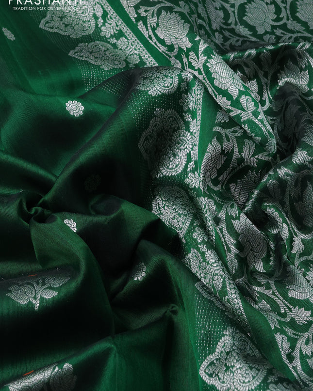 Venkatagiri silk saree bottle green with silver zari woven floral buttas and silver zari woven border