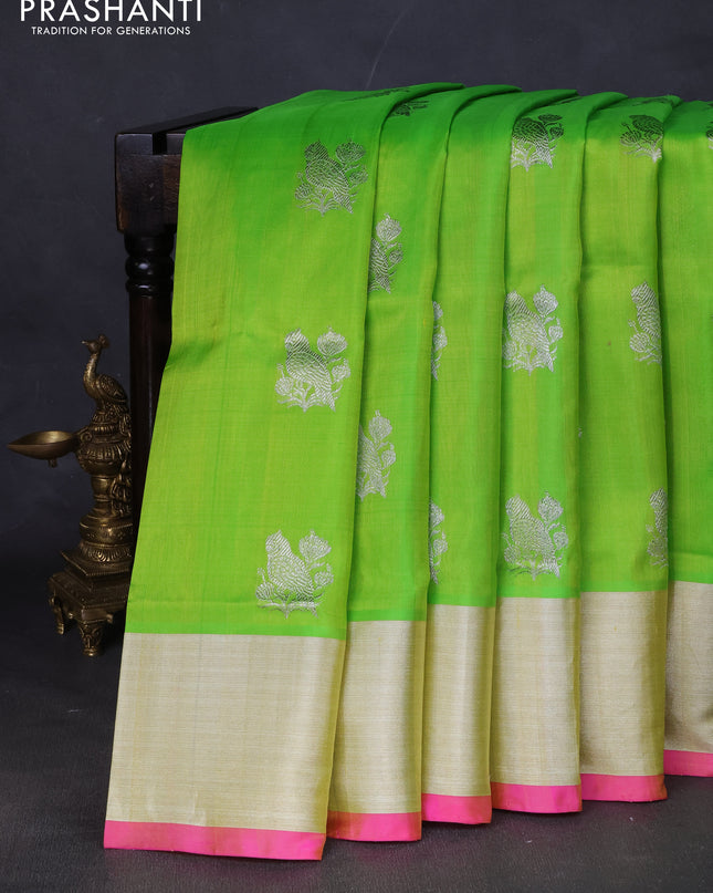 Venkatagiri silk saree light green and light pink with silver zari woven buttas and silver zari woven border