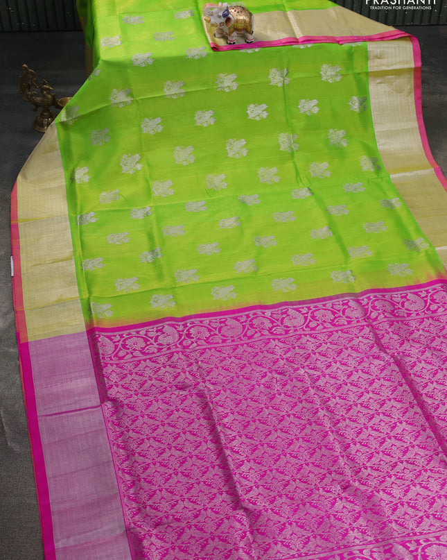 Venkatagiri silk saree light green and light pink with silver zari woven buttas and silver zari woven border