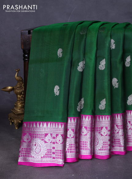 Venkatagiri silk saree bottle green and purple with silver zari woven buttas and silver zari woven border