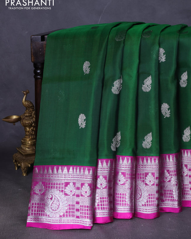 Venkatagiri silk saree bottle green and purple with silver zari woven buttas and silver zari woven border