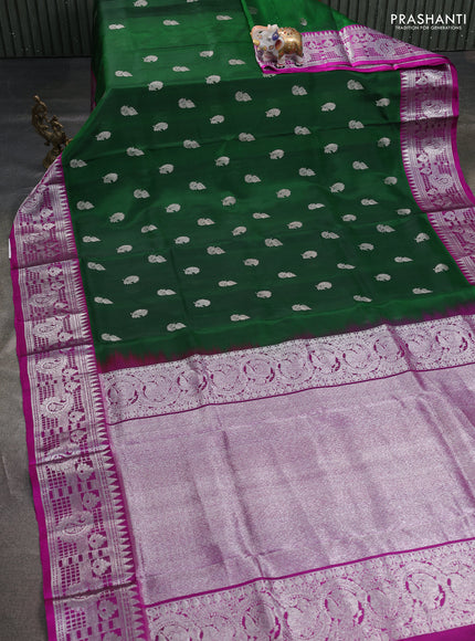 Venkatagiri silk saree bottle green and purple with silver zari woven buttas and silver zari woven border