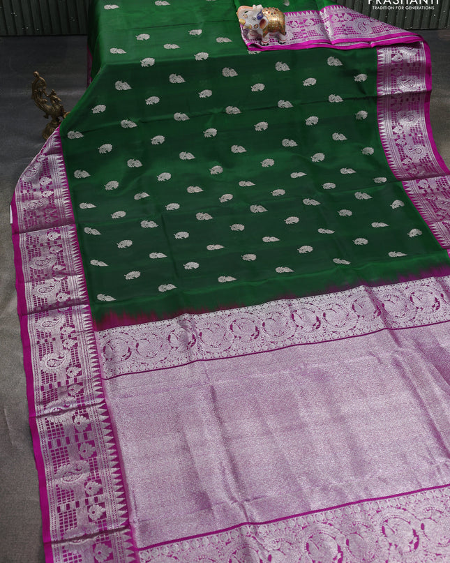Venkatagiri silk saree bottle green and purple with silver zari woven buttas and silver zari woven border
