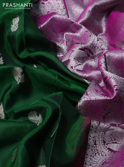 Venkatagiri silk saree bottle green and purple with silver zari woven buttas and silver zari woven border