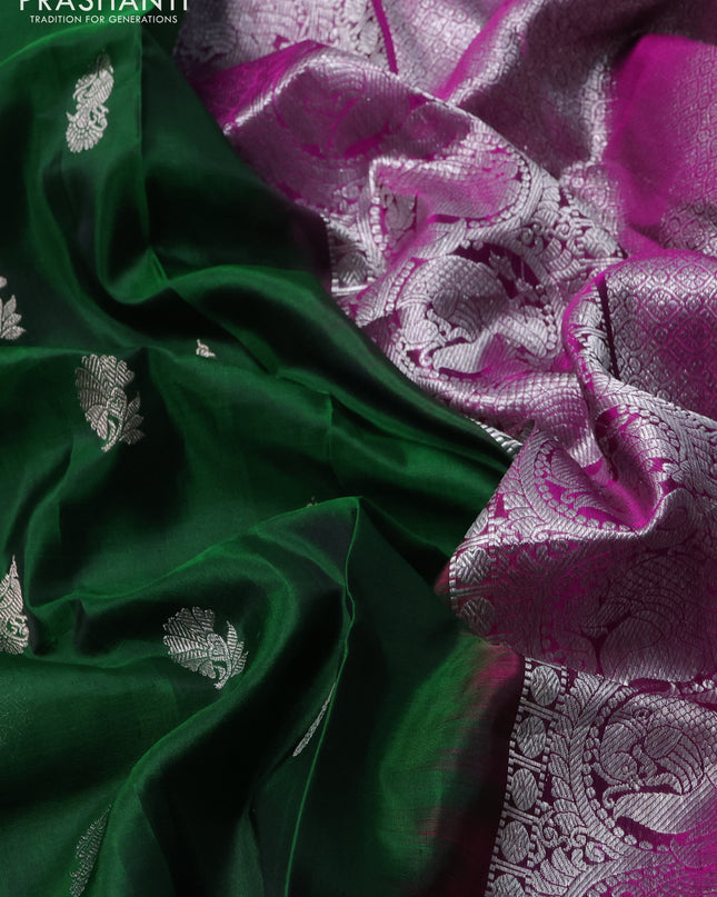 Venkatagiri silk saree bottle green and purple with silver zari woven buttas and silver zari woven border
