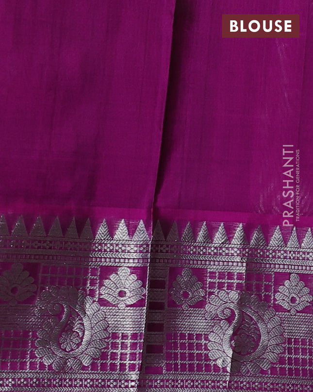 Venkatagiri silk saree bottle green and purple with silver zari woven buttas and silver zari woven border
