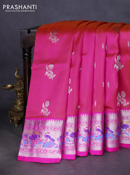 Venkatagiri silk saree dual shade of pinkish orange and pink with silver zari woven buttas and silver zari woven paithani style border