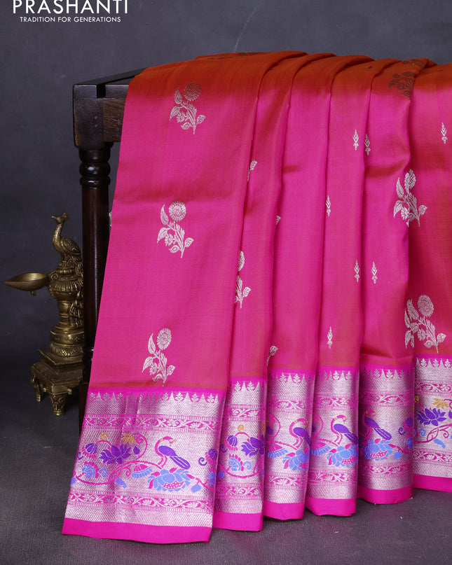 Venkatagiri silk saree dual shade of pinkish orange and pink with silver zari woven buttas and silver zari woven paithani style border