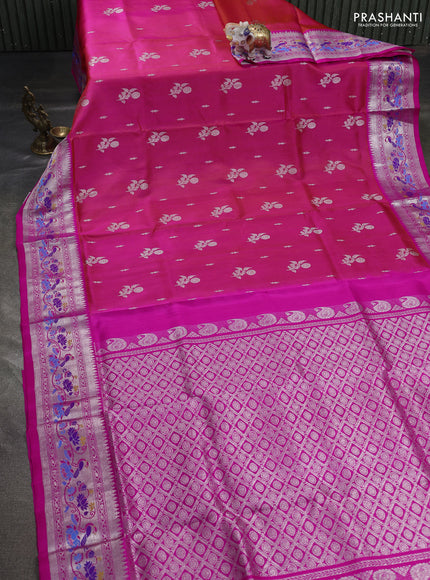 Venkatagiri silk saree dual shade of pinkish orange and pink with silver zari woven buttas and silver zari woven paithani style border