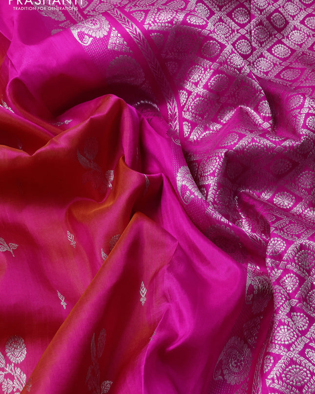 Venkatagiri silk saree dual shade of pinkish orange and pink with silver zari woven buttas and silver zari woven paithani style border