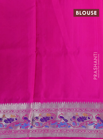 Venkatagiri silk saree dual shade of pinkish orange and pink with silver zari woven buttas and silver zari woven paithani style border