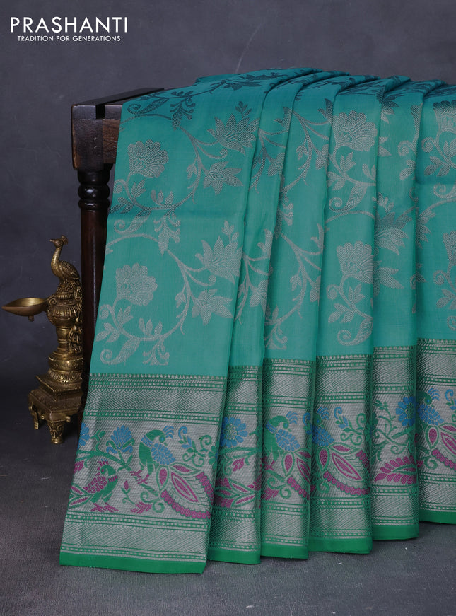 Venkatagiri silk saree light blue and green with allover silver zari weaves and silver zari woven peacock border