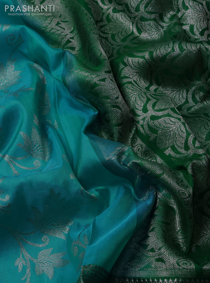 Venkatagiri silk saree light blue and green with allover silver zari weaves and silver zari woven peacock border