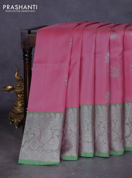Venkatagiri silk saree light pink and light green with allover silver zari woven buttas and silver zari woven annam border