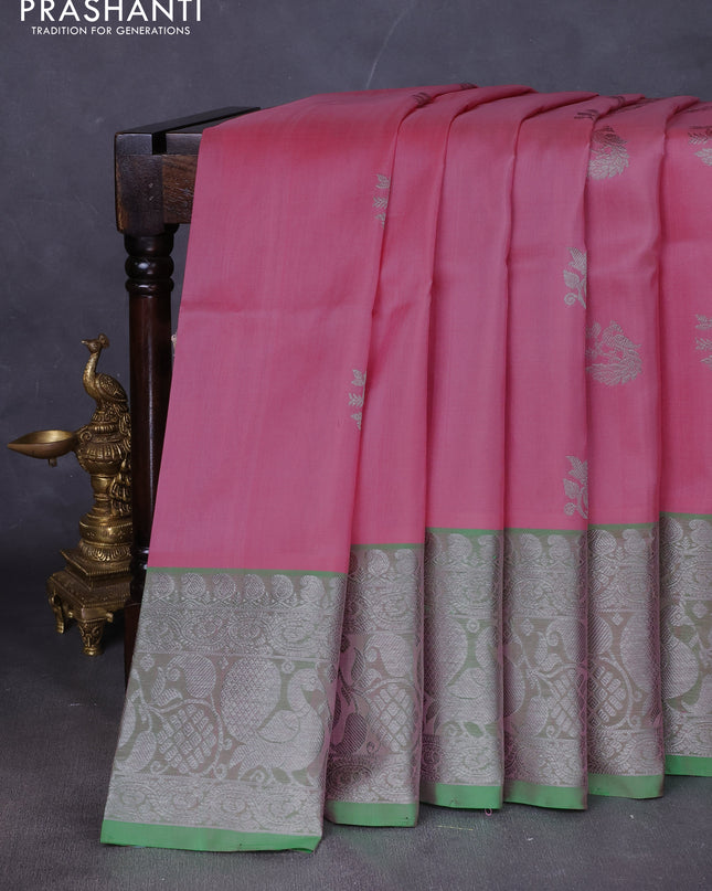 Venkatagiri silk saree light pink and light green with allover silver zari woven buttas and silver zari woven annam border