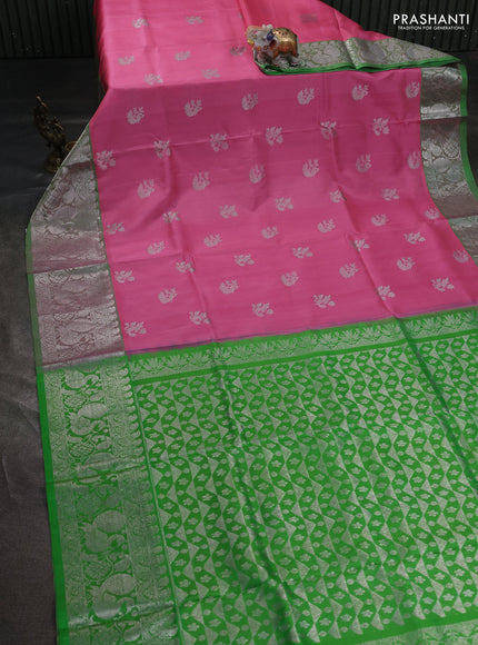Venkatagiri silk saree light pink and light green with allover silver zari woven buttas and silver zari woven annam border