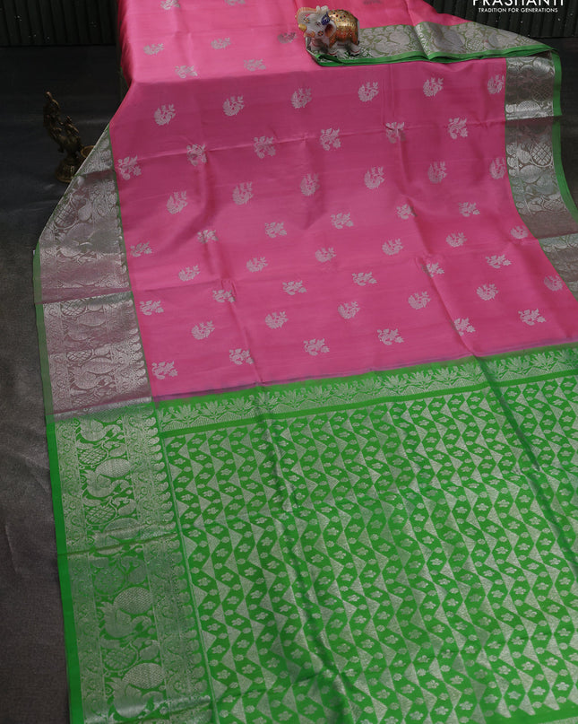 Venkatagiri silk saree light pink and light green with allover silver zari woven buttas and silver zari woven annam border