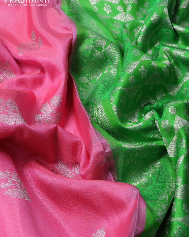 Venkatagiri silk saree light pink and light green with allover silver zari woven buttas and silver zari woven annam border