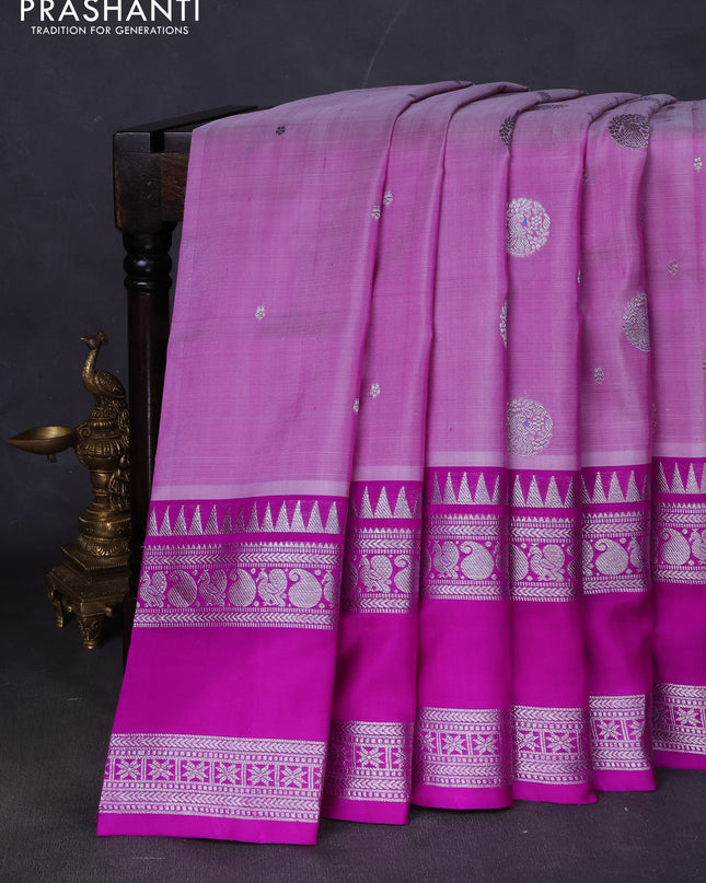 Venkatagiri silk saree lavender and purple with silver zari woven buttas and long rettapet zari woven border