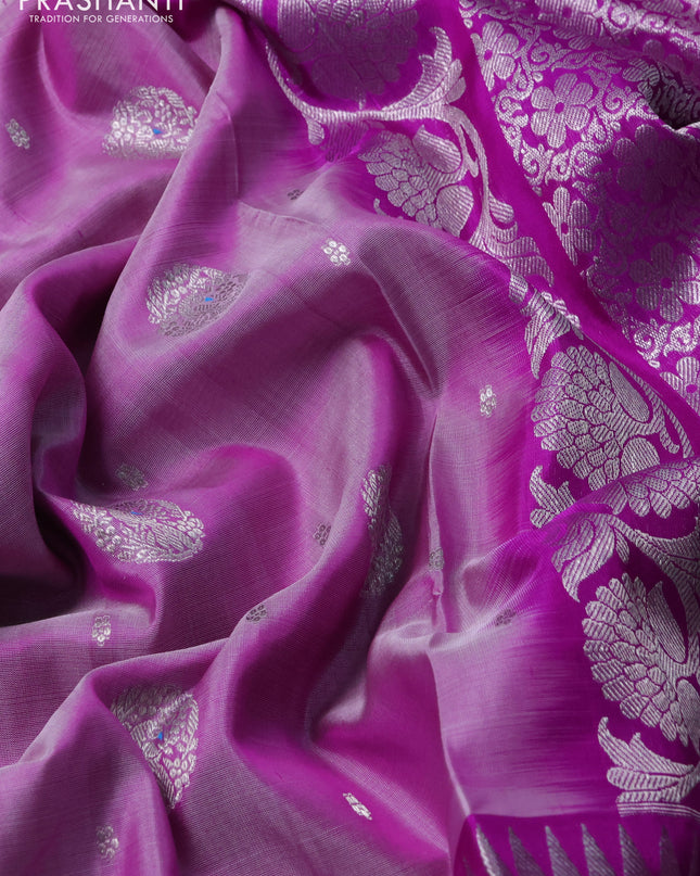 Venkatagiri silk saree lavender and purple with silver zari woven buttas and long rettapet zari woven border