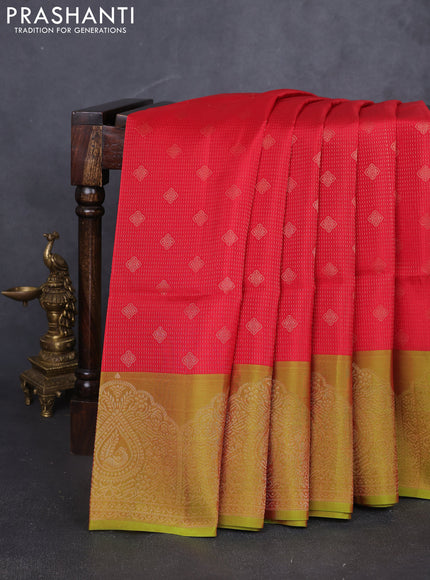 Kanchipuram soft silk saree red and light green with allover zari stripes & buttas and long zari woven border